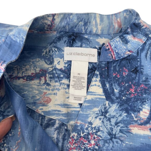 Liz Claiborne Women SZ M Sleeveless Collared Blue Hawaiian Print Blouse - Picture 3 of 10